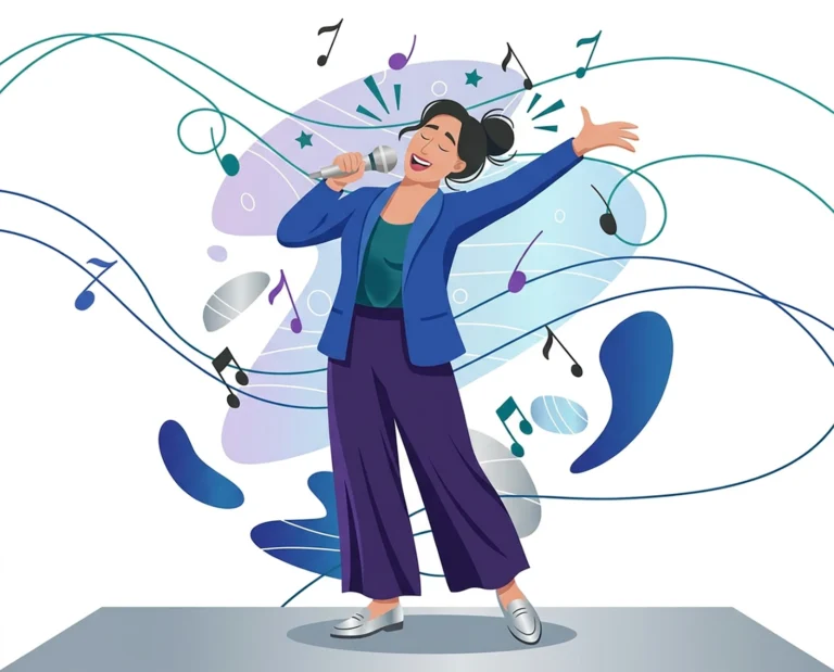 Illustration einer Sängerin beim Gesangsunterricht
